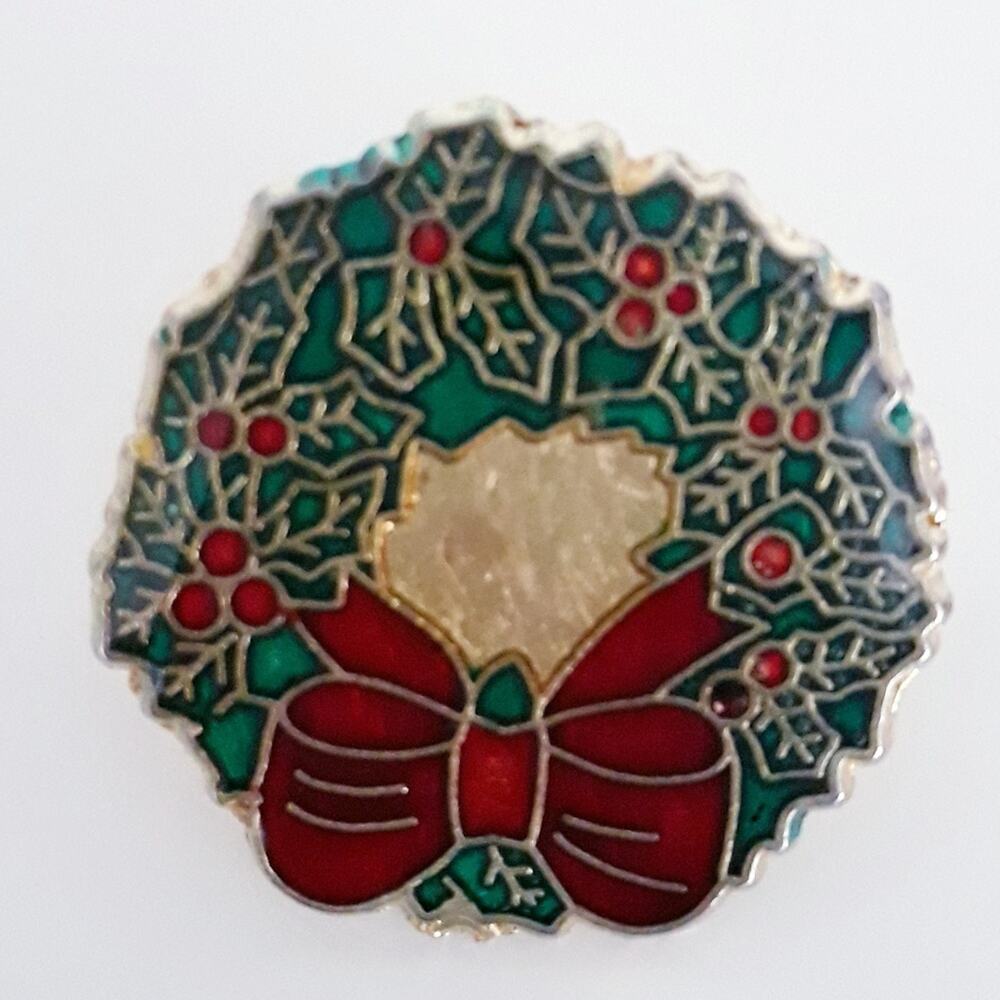 Vintage Christmas Wreath Stud Lapel Pin Red Green